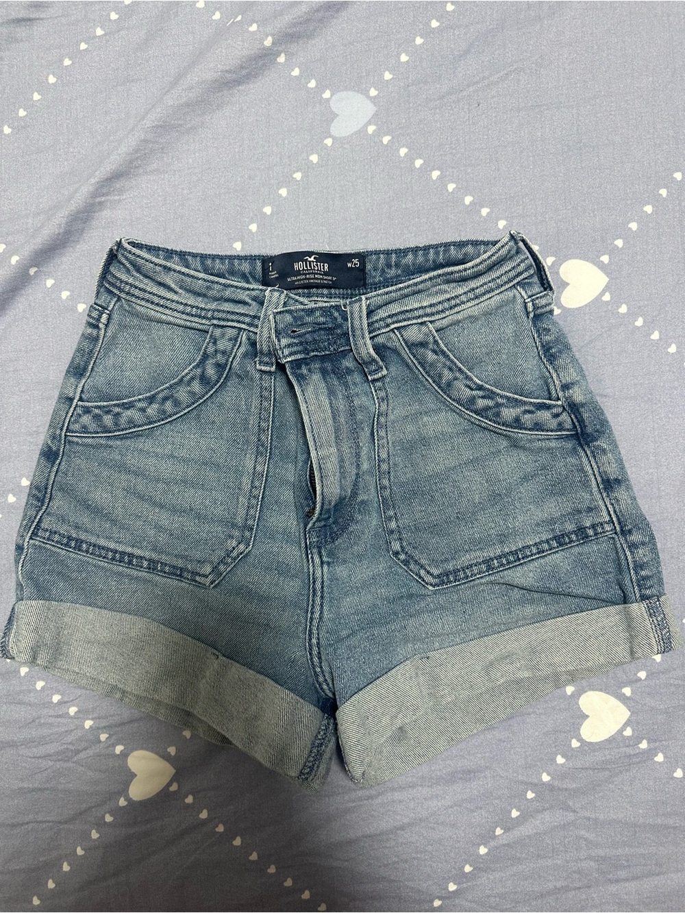 Hollister Light Blue High-Waist Rolled Hem Denim Shorts
